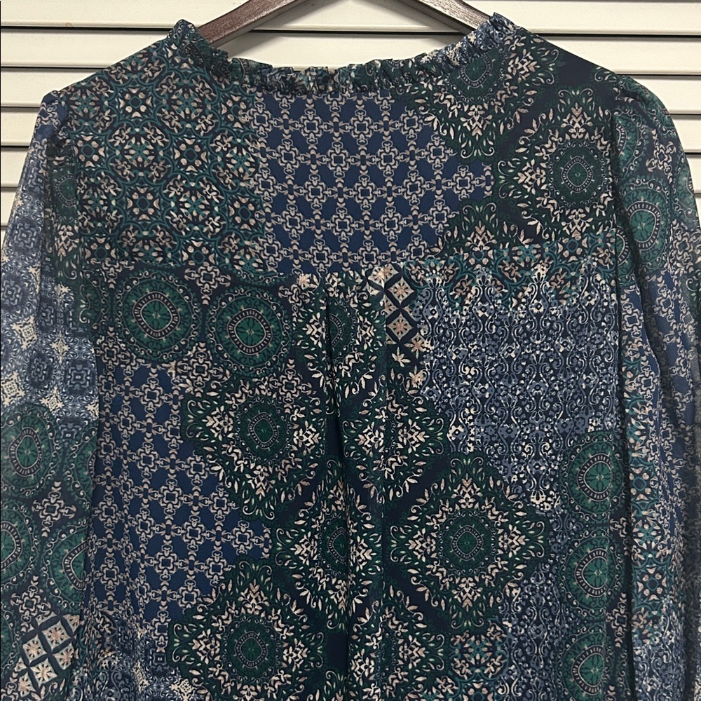 Jessica Howard Patchwork Look Flowy Dress with Sheer Sleeves in Navy and Teal - Picture 4 of 7